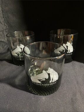 Set of 3 Vintage RCA His Master's Voice etched rock glasses bar Nipper
